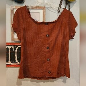 No Boundaries Terracotta Button-Front Ribbed Blouse